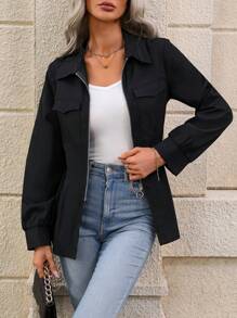 SHEIN LUNE Flap Pocket Zip Up Coat - Black - View 4