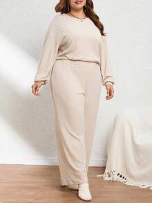 SHEIN Essnce Kích thước lớn Tay áo dài Sọc Áo liền quần - Màu be - Xem 6