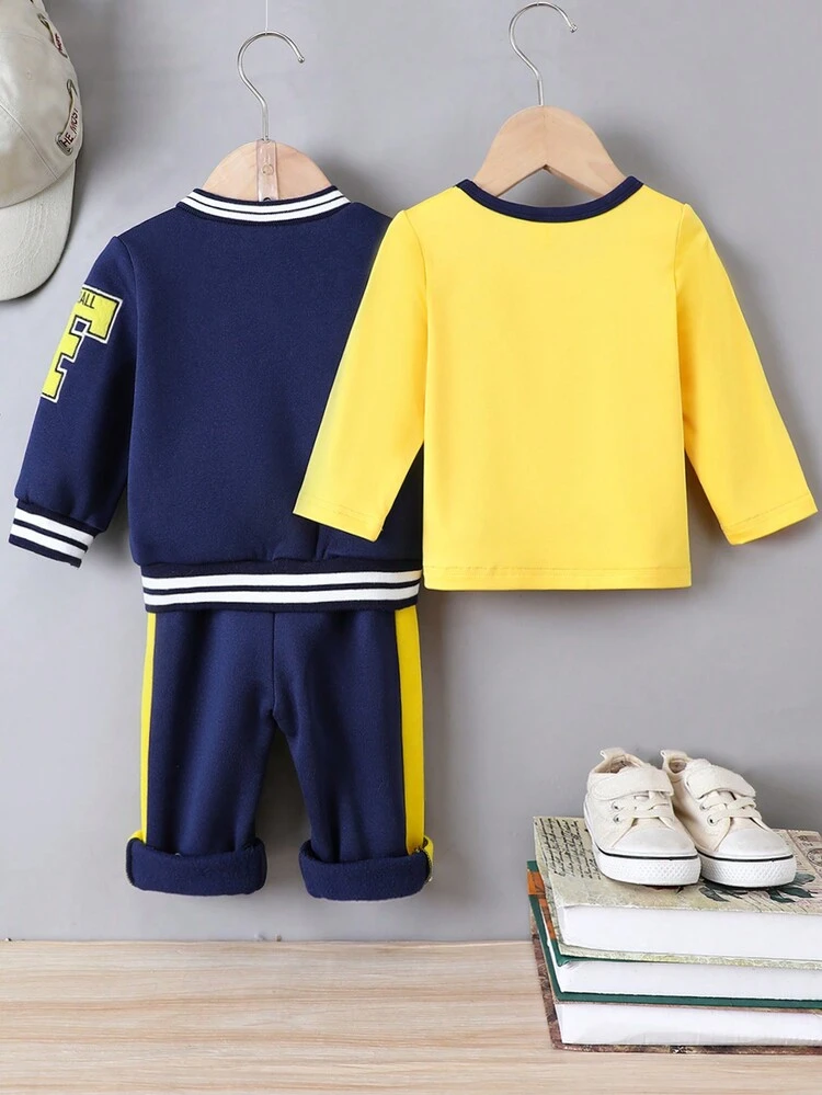 3pcs Baby Boys' Sporty Printed Baseball Jacket, T-shirt And Pants Set