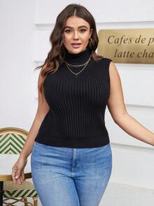 SHEIN Frenchy Kích thước lớn Cổ cao Không tay Áo len - màu đen - Xem 4