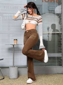 SHEIN EZwear 洗水效果喇叭牛仔裤 - 卡其色 - 查看 1