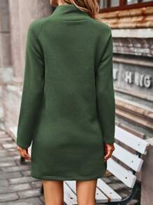 SHEIN LUNE Của phụ nữ Cổ cao Nút lên Tay Raglan Đầm - xanh quân đội - Xem 2