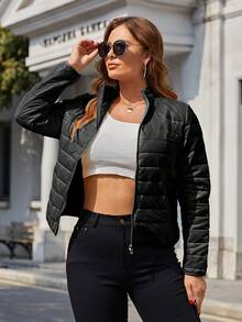 Astrid Plus Size Women's Solid Color Long Sleeve Zip-Up Quilted Padded Warm Padded Coat, Winter - Black - View 5