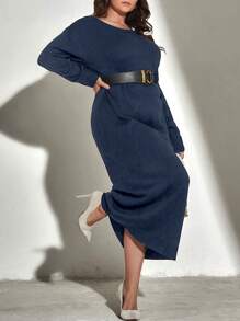 SHEIN Franclia Plus Drop Shoulder Sweater Dress Without Belt - Royal Blue - View 1