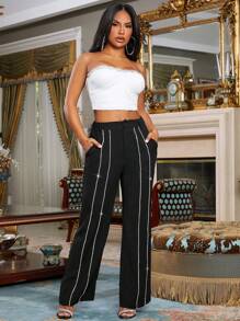 SHEIN SXY Rhinestone Detail Flare Leg Suit Pants - Black - View 4