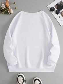 SHEIN EZwear 卡通及標語圖案保暖連帽衫,適用於大尺寸 - 白色 - 查看 2