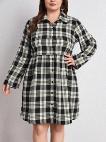 SHEIN LUNE Plus Plaid Print Button Front Shirt Dress - Black and White - View 2