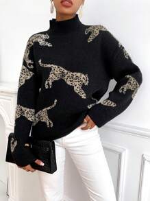 SHEIN Clasi Leopard Pattern High Neck Drop Shoulder Sweater,Long Sleeve Tops Knit Pullover Fall Winter Outfit - Black - View 5