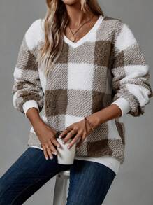 SHEIN LUNE In kẻ sọc Buffalo Thả vai Teddy Áo nỉ - màu nâu - Xem 5