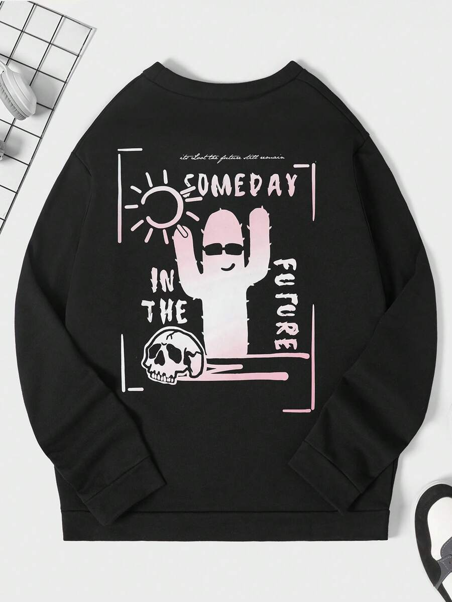 RueChic Men Letter & Cactus Graphic Sweatshirt - Black - View 1