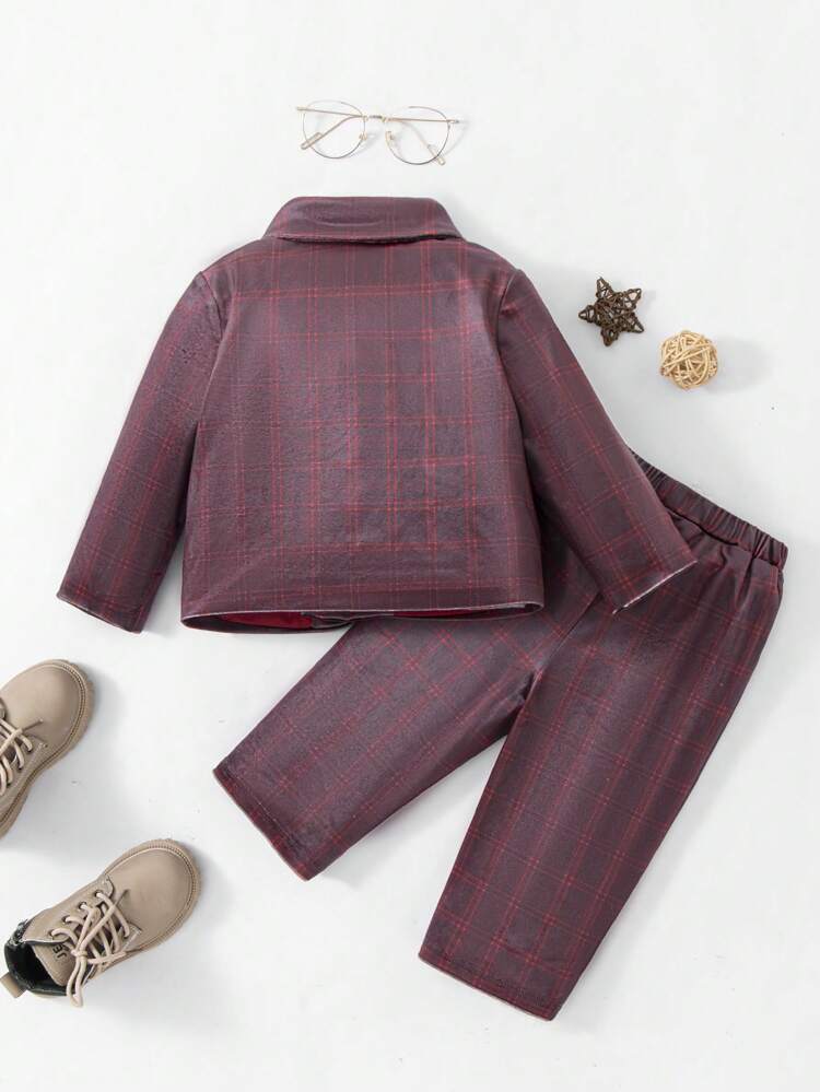 Baby Boy 1pc Plaid Print Double Breasted Blazer & 1pc Pants & 1pc Bow Front Shirt