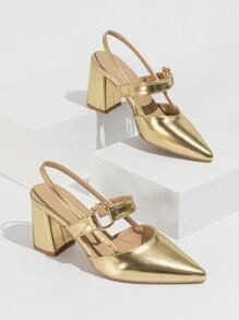 Women's High-heeled Shoes, Metal Comfortable Pointed Toe High Heels, Thick Heels, Gold Women's Shoes, Gorgeous And Elegant, Dating, Vacation, Daily Fashion Women's Shoes