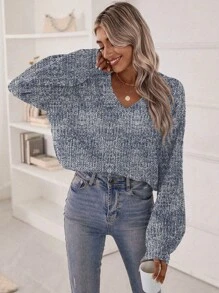 SHEIN LUNE 女士休闲渐变色灯笼袖针织套头衫秋冬毛衣 - 藍色 - 查看 4