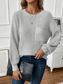 SHEIN Clasi Thả vai Vá Túi Áo len - Màu Xám nhạt - Xem 4