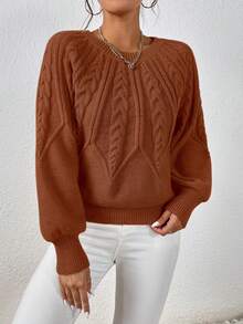 SHEIN Essnce Cable Knit Lantern Sleeve Sweater - Mocha Brown - View 6