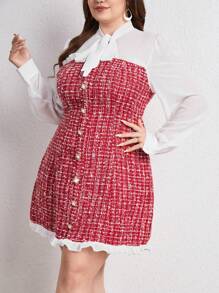 SHEIN Privé 大碼格紋印花繫帶領前紐扣假兩件洋裝 - 紅白色 - 查看 4