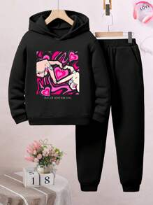 Tween Girl Heart Print Hoodie And Pants Set, 2pcs