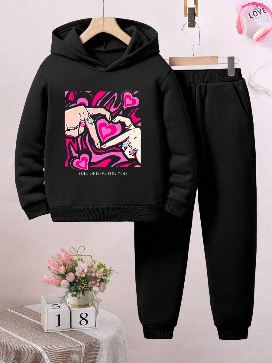Tween Girl Heart Print Hoodie And Pants Set, 2pcs