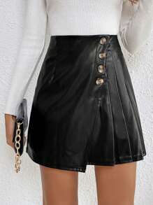 SHEIN Frenchy High Waist Button Front PU Leather Skirt - Black - View 1