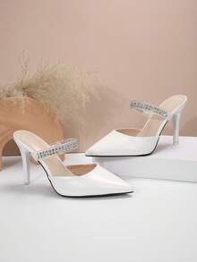 夏季新款女法式水鑽高跟尖頭性感露趾細跟高跟鞋 - 白色 - 查看 8