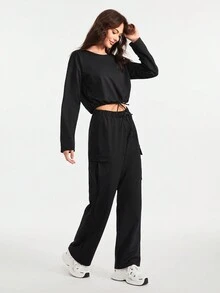 Daily&Casual 素色抽繩運動2件套套裝 - 黑色 - 查看 7