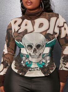 Slaydiva Blusa Slayr Plus - Básicos de calle - Para mujeres de talla grande, de punto elástico de malla nervada, con estampado de malla de contraste y empalmes - Marrón - Ver 4