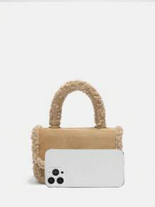 SHEIN MOD Women's Brown Plush Top Handle Handbag With Flap Lock And Large Capacity - Brown - View 2