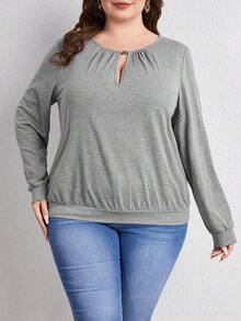 SHEIN LUNE Hơn Đường viền lỗ khóa Áo nỉ - Màu Xám nhạt - Xem 2