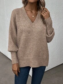 SHEIN LUNE V-Neck Drop Shoulder Sweater With Slit Hem Knit Pullover Fall Winter Sweater - Brown - View 4