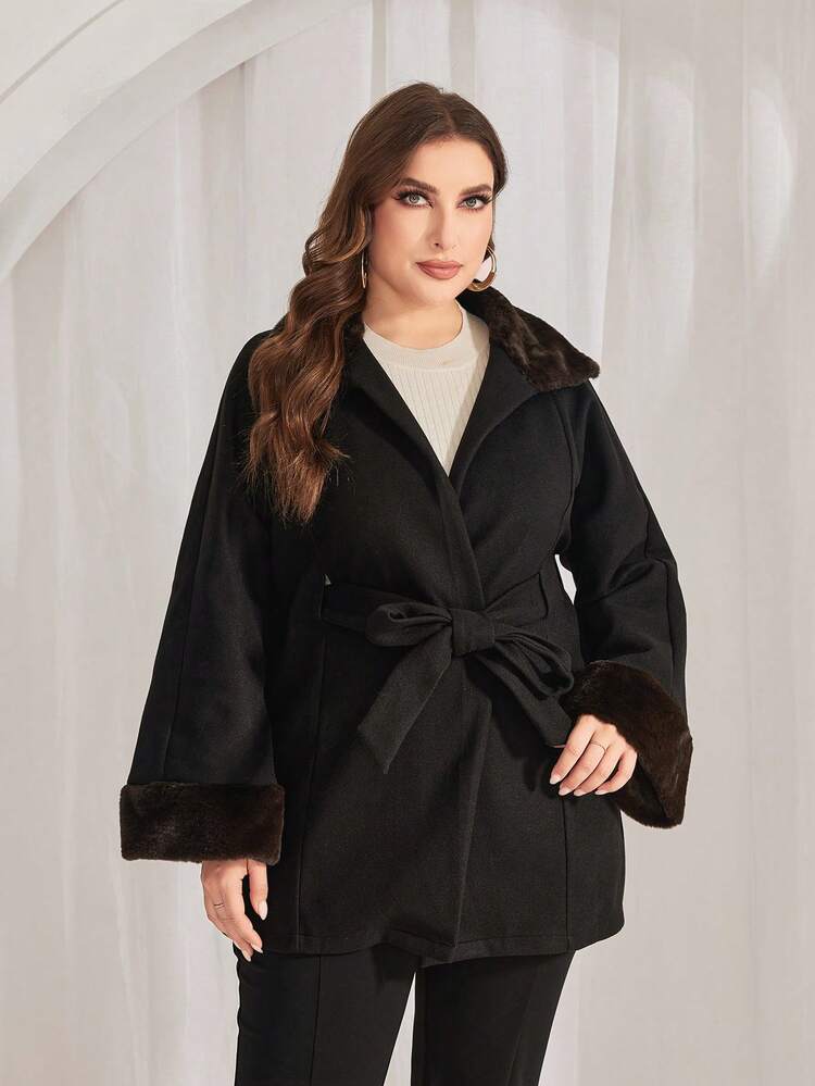 Plus Size Coat With Raglan Sleeve, Plush Collar & Waist Belt