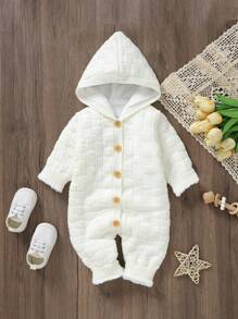 SHEIN Baby Boy Button Front Thermal Knit Hooded Jumpsuit - White - View 3
