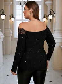 SHEIN Clasi Kích thước lớn Ren Nghệ Embellished Không đối xứng Off-shoulder Áo thun - màu đen - Xem 2