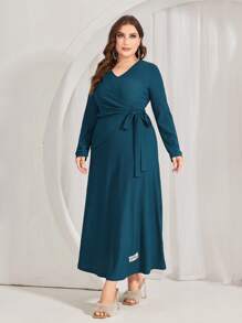 Mulvari Plus Size Wrap Style Tie Waist Dress - Blue - View 3