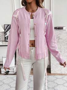 SHEIN LUNE Lace Up Front Drop Shoulder Cardigan - Pink - View 3
