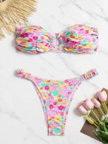 SHEIN Swim Summer Beach Random Flower Print Lace Decor Strapless Bikini Swimwear Set - Multicolor - View 6