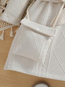 SHEIN Elladie kids Young Girl Casual Solid Color Textured Stand Collar Dress, Autumn - Apricot - View 4