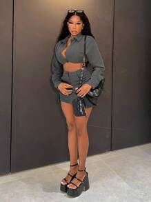 Slaydiva Button Front Crop Shirt & Flap Pocket Skirt - Grey - View 5