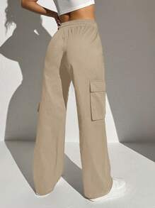 SHEIN Cottnline Drawstring Waist Flap Pocket Side Striped Cargo Pants - Apricot - View 2
