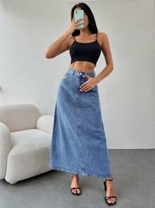 Cottnline High Waist Denim Skirt - Medium Wash - View 1