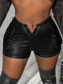 Slaydiva Women's PU Leather Shorts - Black - View 1