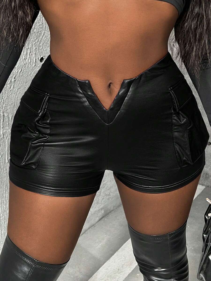 Slaydiva Women's PU Leather Shorts - Black - View 1