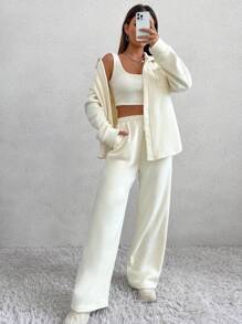 SHEIN Unity 3pcs/set Unisex Autumn Winter Button Up Jacket, Vest And Pants Suit Simple Personalized Outfit - Apricot - View 3