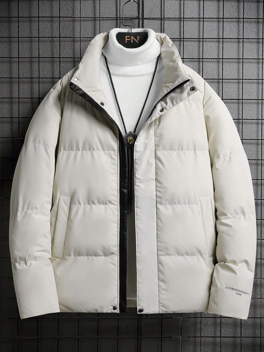 Men Letter Graphic Zip Up Padded Coat Without Sweater - Beige - View 1