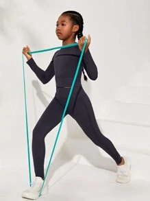 運動場合適用的青少年女童無縫針織純色長袖t恤和褲子套裝 - 霧霾藍 - 查看 3