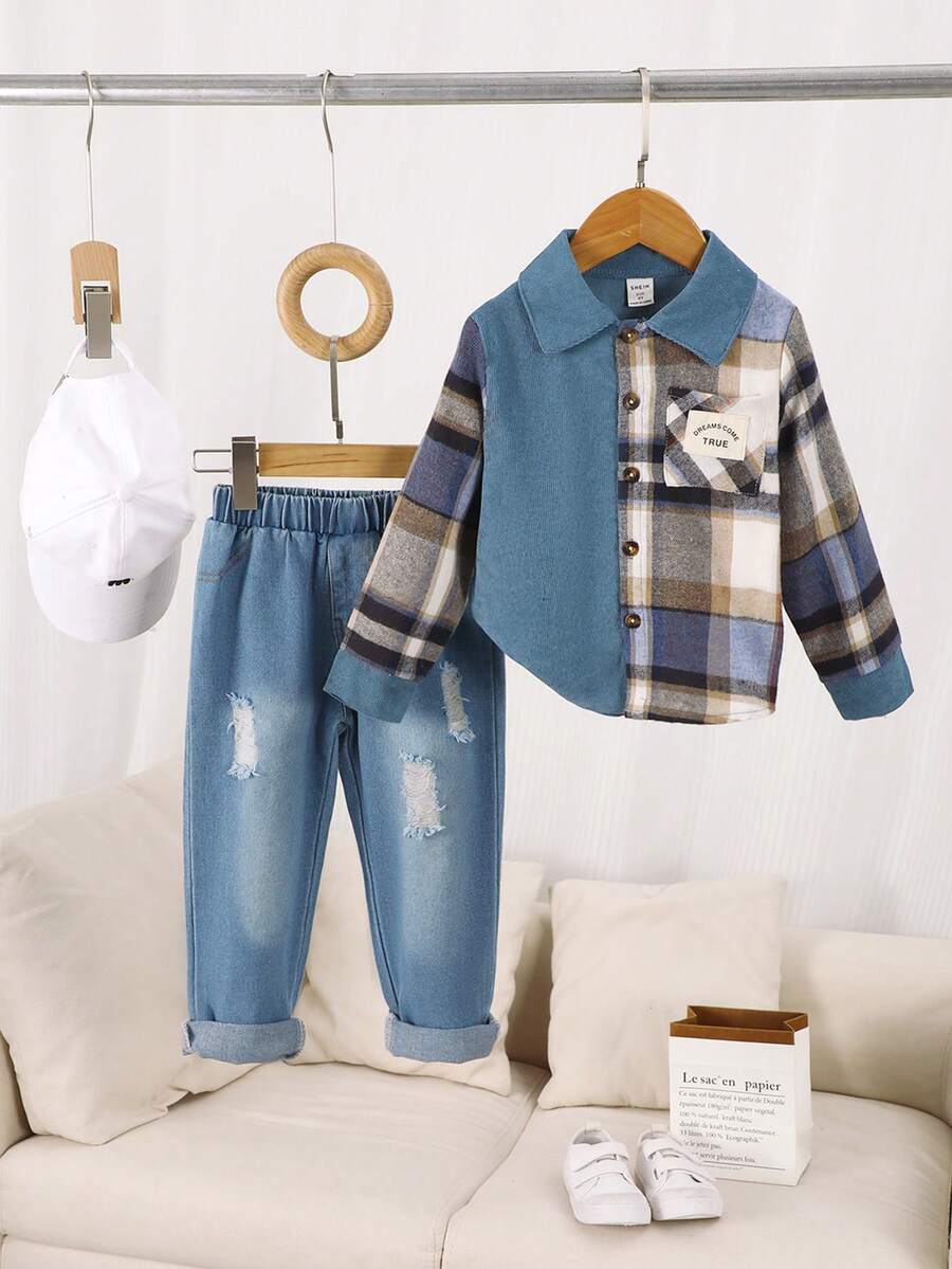 Chàng trai trẻ Kẻ sọc tương phản In Chi tiết Patched thư Áo sơ mi & Quần jean rách - Nhiều màu - Xem 1