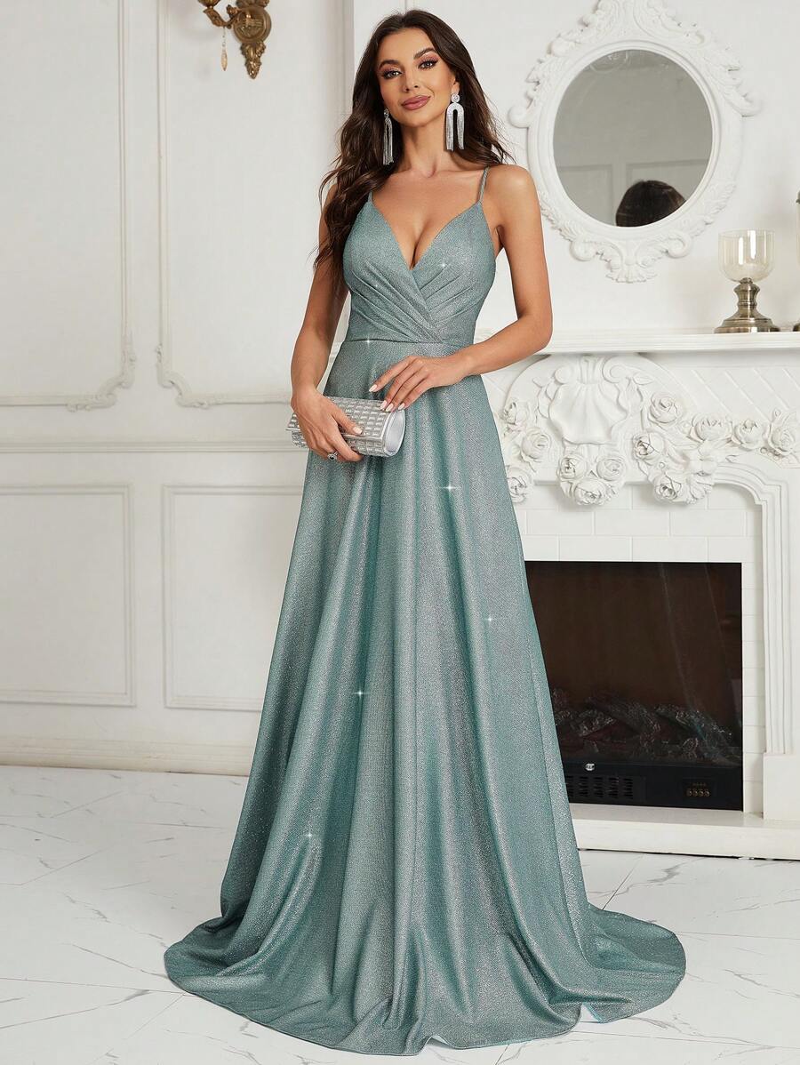 SHEIN Belle Elegant Halter V-Neck Pleated Oversized Dress Gradient Fine Flash Fabric Back Halter Cross Strap Spring Heavy Industry Dress Dress