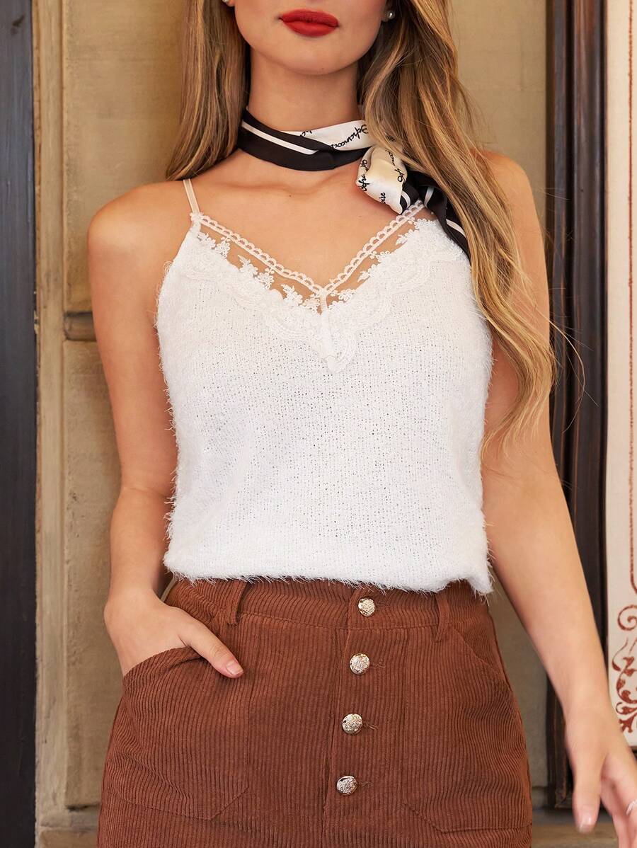 SHEIN Frenchy Lace Spliced Sweater-Like Knitted Camisole Top