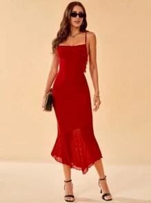 SHEIN Tall 魚尾裙邊吊帶連身裙 - 紅色 - 查看 7