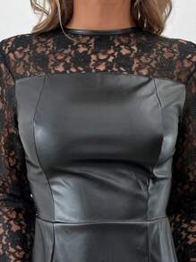 SHEIN Cottnline Contrast Lace PU Leather Dress - Black - View 3