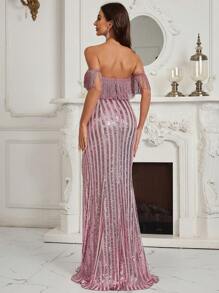 SHEIN Belle Off Shoulder Split Thigh Sequin Formal Dress - Pink - View 2